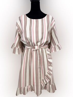 Mystree Linen Blend Striped Ruffle Faux Wrap Dress Medium Boho Cottagecore